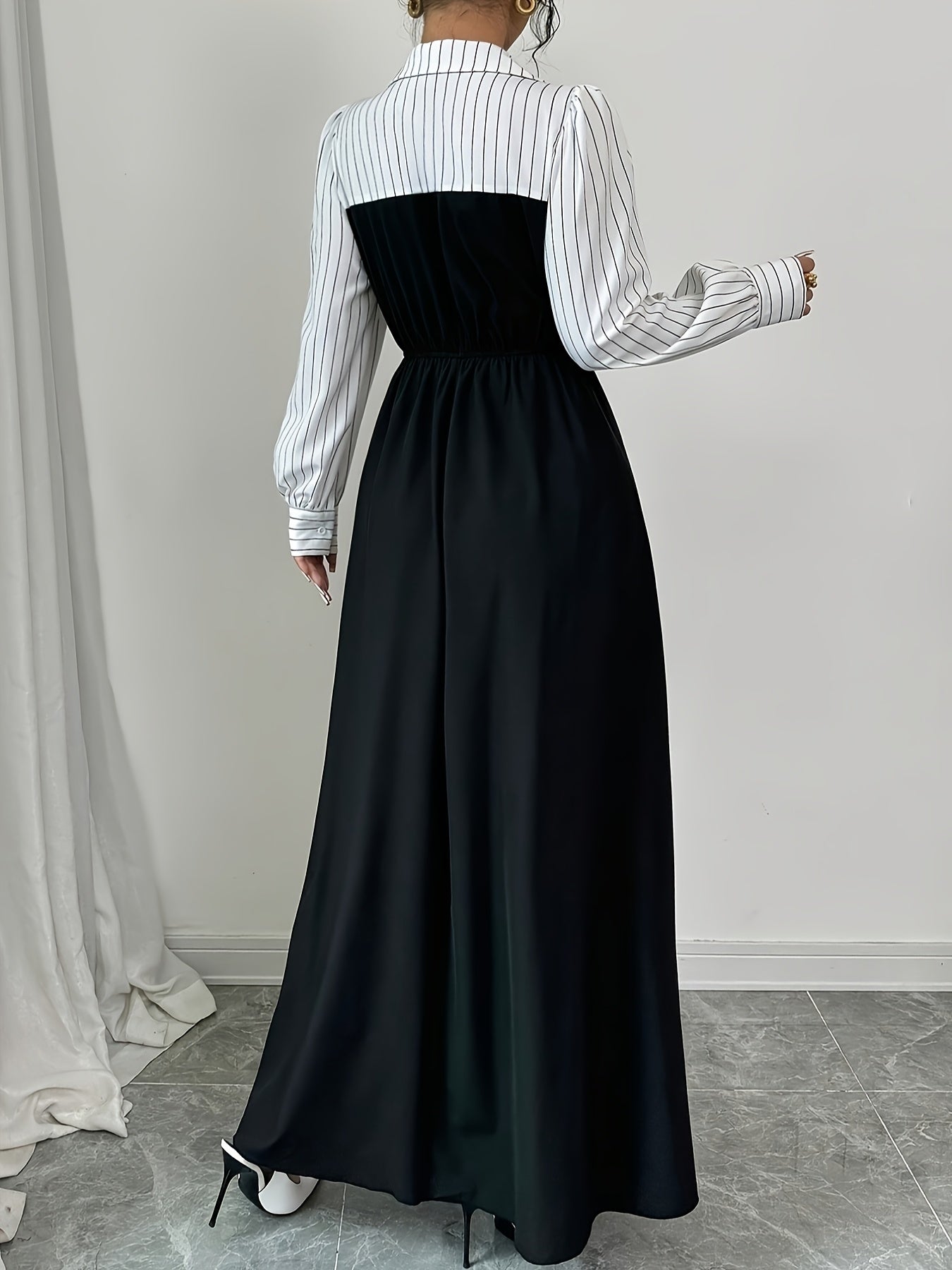 Black and White Striped Print Patchwork Long Dress, Fashionable Elegant Women's Autumn/Winter Maxi Sleeve Dress - Fall Clothing Trends, Ladies Apparel for Halloween & Christmas