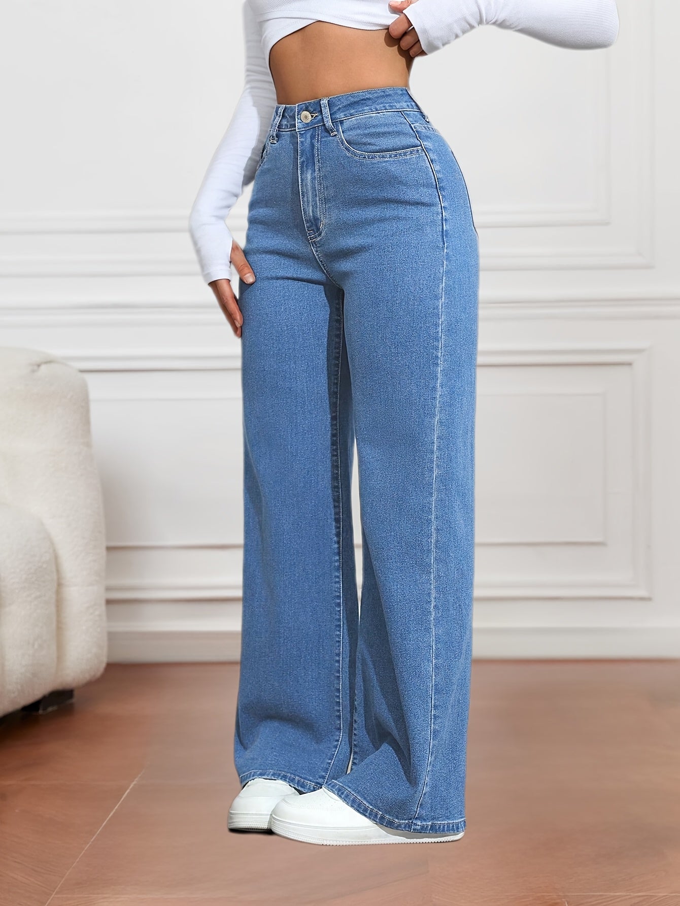 Jeans femme bleu à jambes larges – décontracté, denim extensible, fermeture à boutons, confort toutes saisons, tenue décontractée | jeans larges | tissu tissé