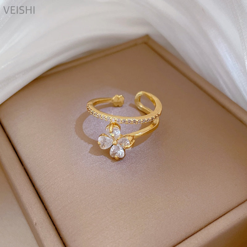 ' Lucky Flower Adjustable Open Ring - Japanese-Style Lucky Couple Ring Suitable for Daily Wear, Parties & Christmas Gifts - Minimalist Flower Motif, Year-Round Elegant for Luck & Positivity