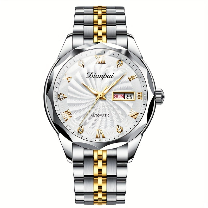 Men'S Business Automatic Mechanical Watch with Stainless Steel Strap, Week Calendar Display & Night Light - Self-Winding Mechanical Movement, Without Battery