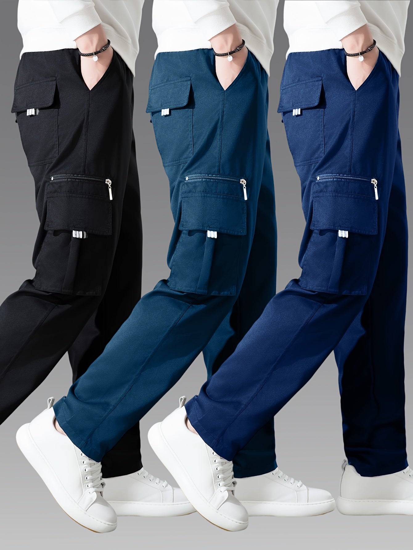 3pcs Pantalons Cargo Homme – Casual, Multipoches, Jambe Droite, Polyester, Regular Fit