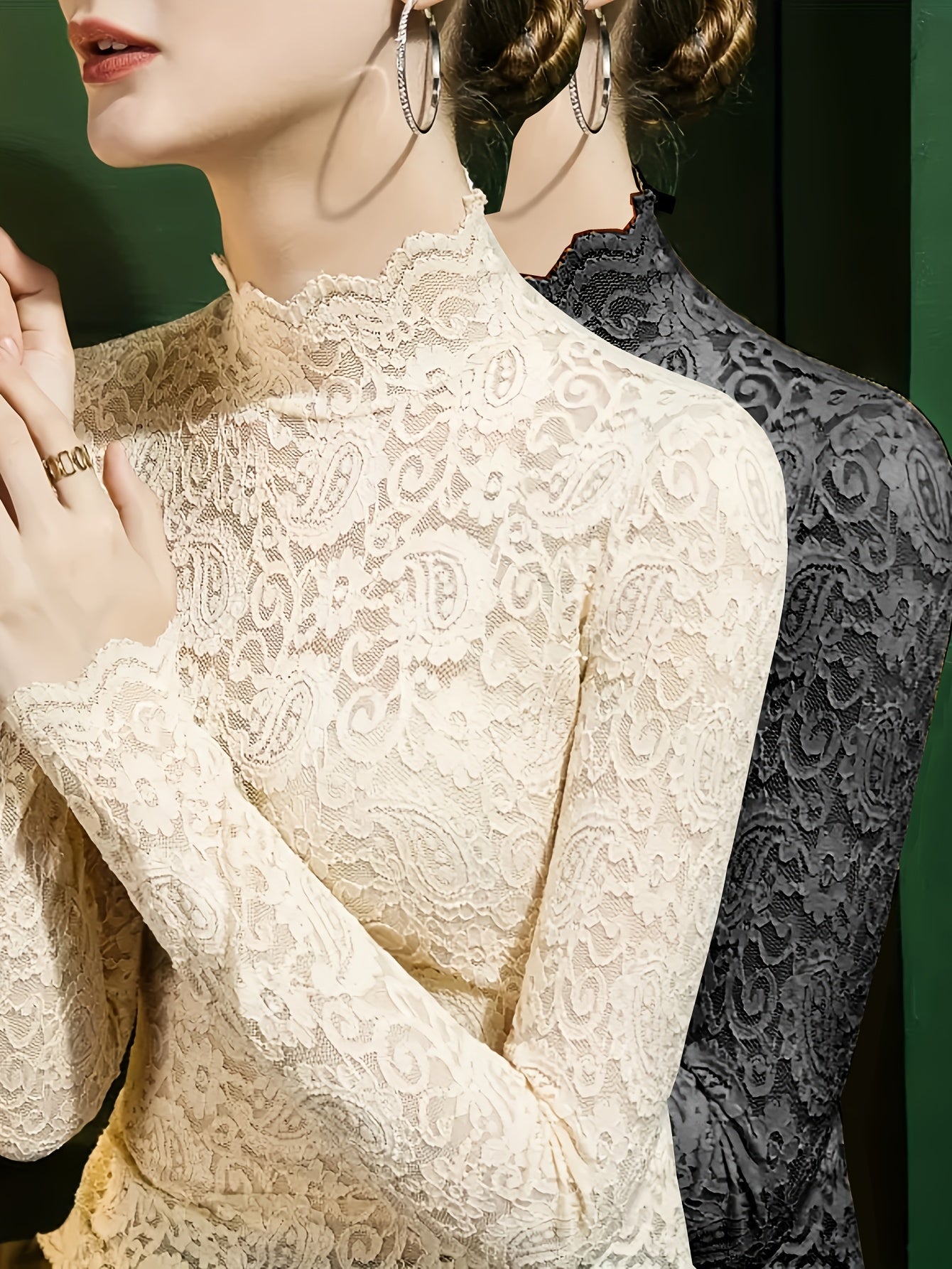 Lot de 2 Hauts Femme en Dentelle Unie - Col Semi-Montant Élégant, Manches Longues, Idéal comme Sous-Couche pour le Printemps et l’Automne, T-Shirt Féminin