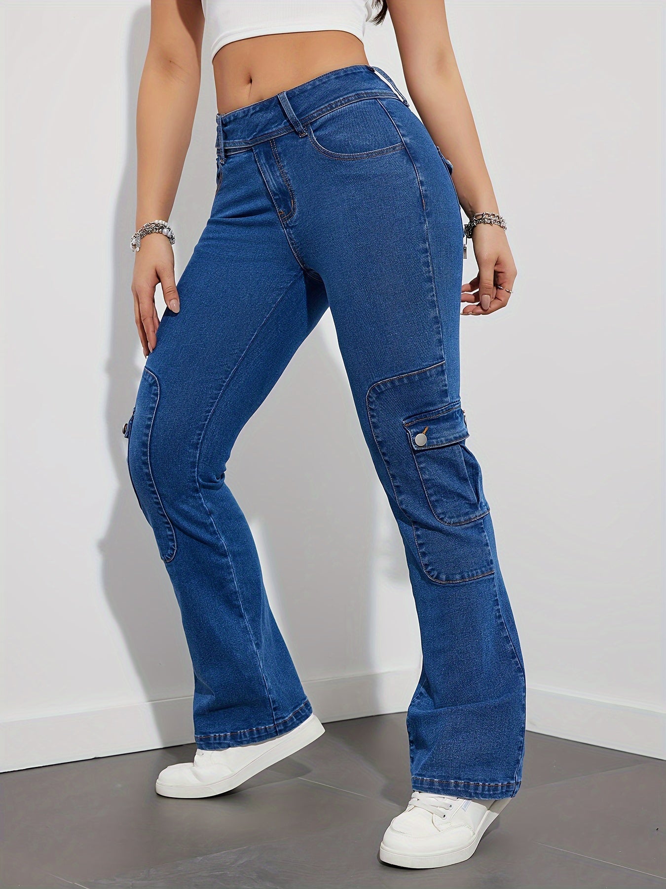 Jeans Femme Taille Mi-Haute Évasé Extensible Poches Rabat Décontracté Bootcut Denim Polyvalent