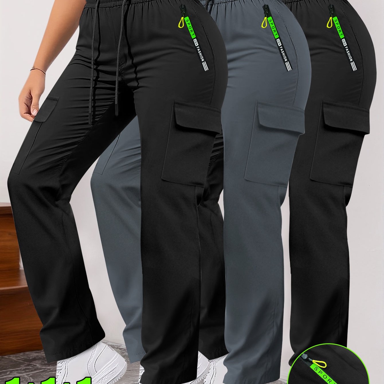 Lot de 3 Pantalons Femme– Poches Zippées et Cargo, Robustes, Sans Extensibilité, Printemps/Automne