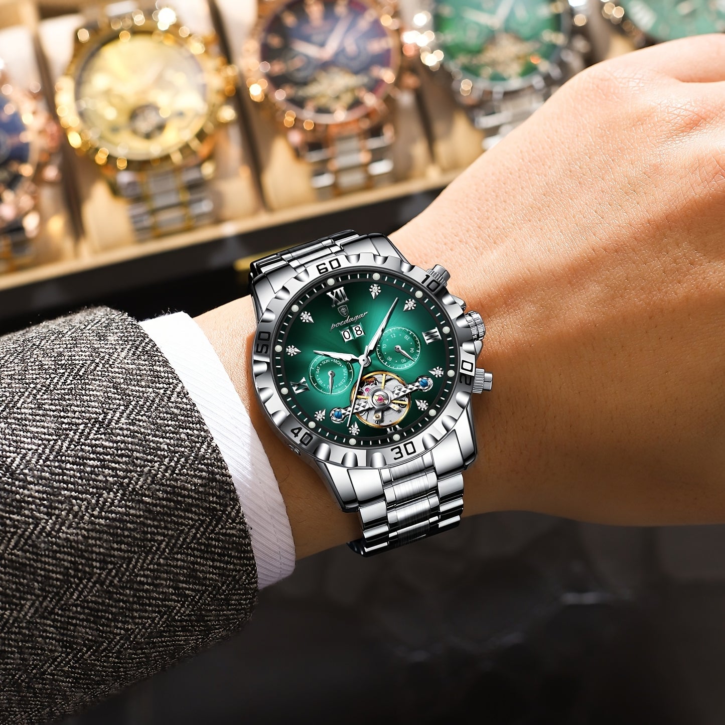 Men'S Luxury Business Watch with Automatic Movement, Waterproof, Luminescent Hands & Date Display - Stainless Steel Case & Dial, Mechanical Movement, 3 ATM, Without Battery