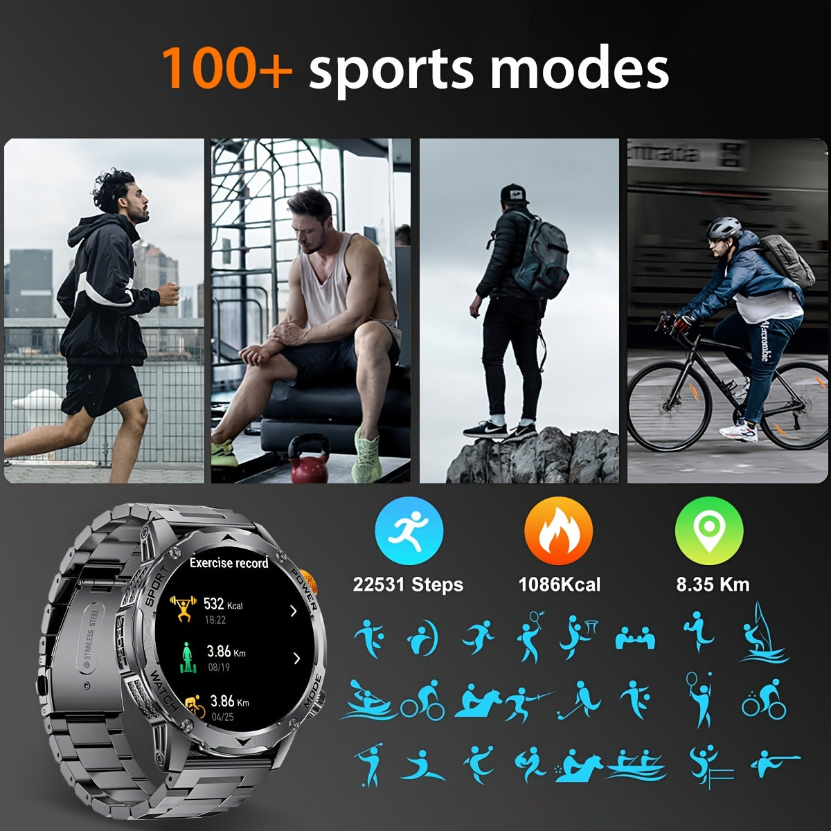 Montre Connectée Homme – Écran HD 4,45 cm, Plus de 50 Modes, Autonomie Ultra Longue avec Batterie 1000 mAh, Fonctions Téléphone, 110+ Modes Sport, Suivi du Sommeil, Podomètre, Compatible Android et iPhone, Lot de 3 Bracelets avec Lumière Flash