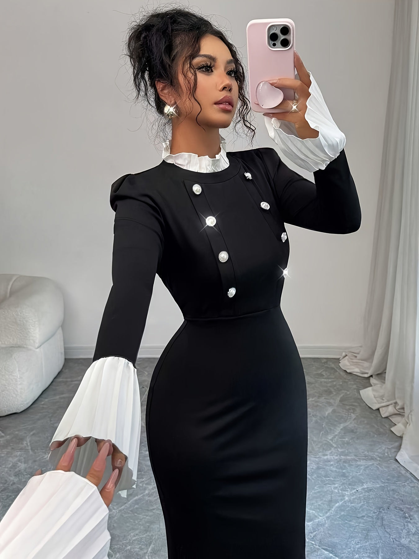 Robe Femme Élégante Maxi pour Soirée et Quotidien — Manches Longues, Fermeture Boutons sur le Devant, Coupe Flatteuse, Parfaite pour Soirées, Bureau et Rendez-vous, Port Toute Saison, Style Sophistiqué, Fini Poli, Tenue Chic