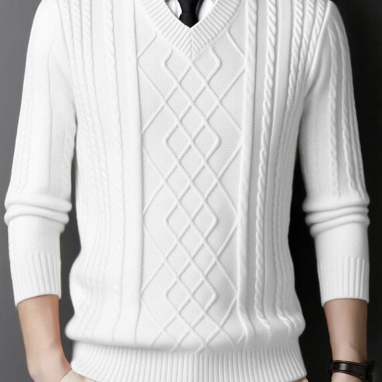 New Men's Knit Sweater with Twisted Floral V-Neck Long Sleeve Casual Top