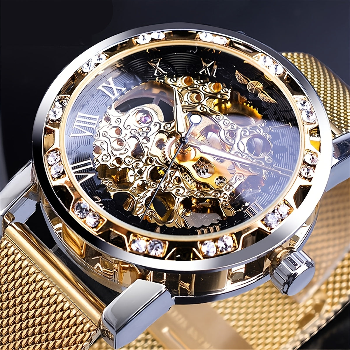 Elegant Men'S Mechanical Watch with Rhinestone Accents & Hollow Mesh Band - Stainless Steel, Zinc Alloy Case, Business Style, Self-Winding Movement, Pointer Display, No Battery Needed, Business Watch | Elegant Watch | Durable