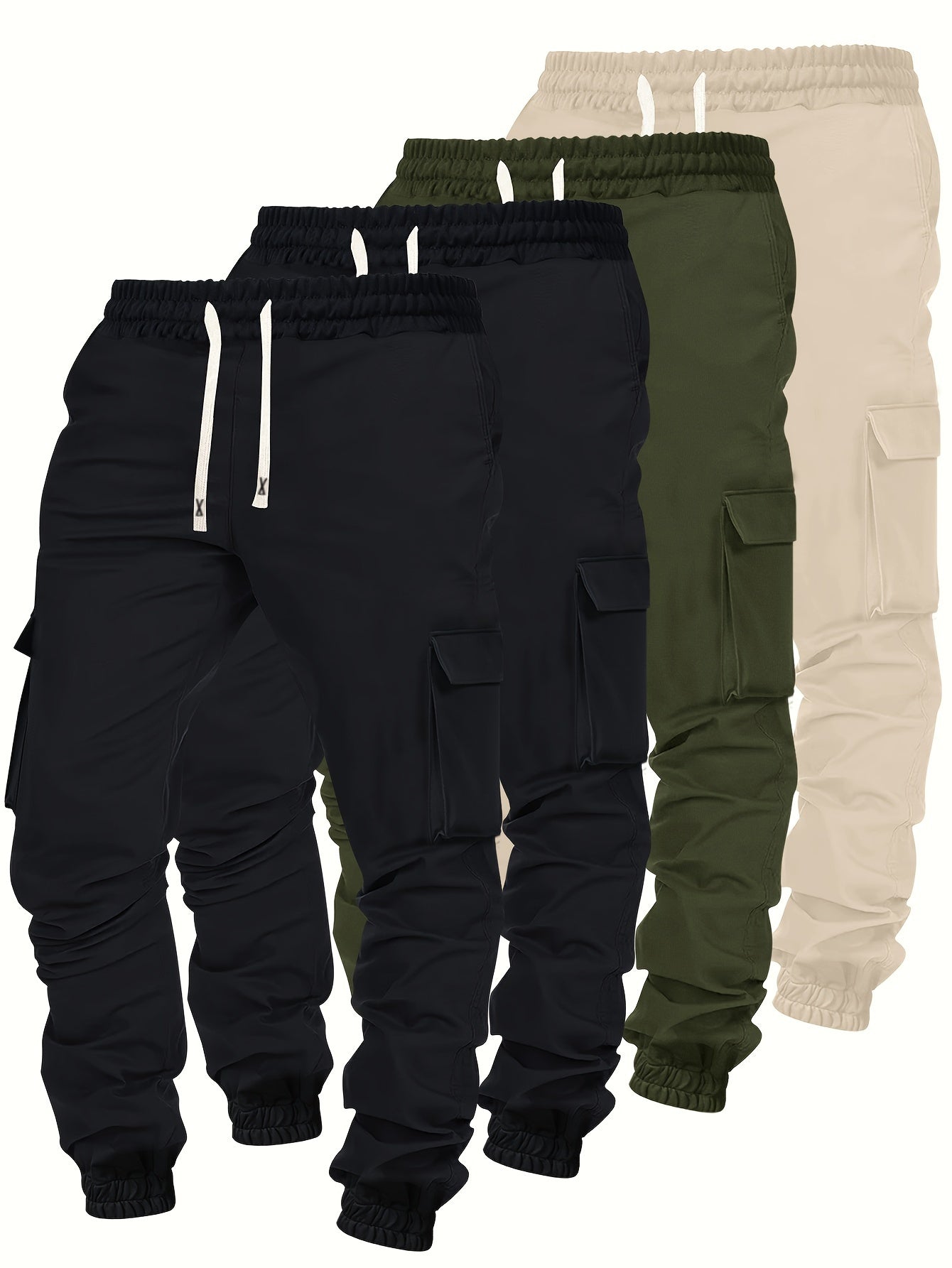 Lot de 4 pantalons cargo homme robustes – Pantalons toutes saisons avec multiples poches, taille à cordon élastique et passants de ceinture, idéaux randonnée, jogging, casual – Lavables en machine (noir/olive/beige/bleu marine) – Coupe régulière