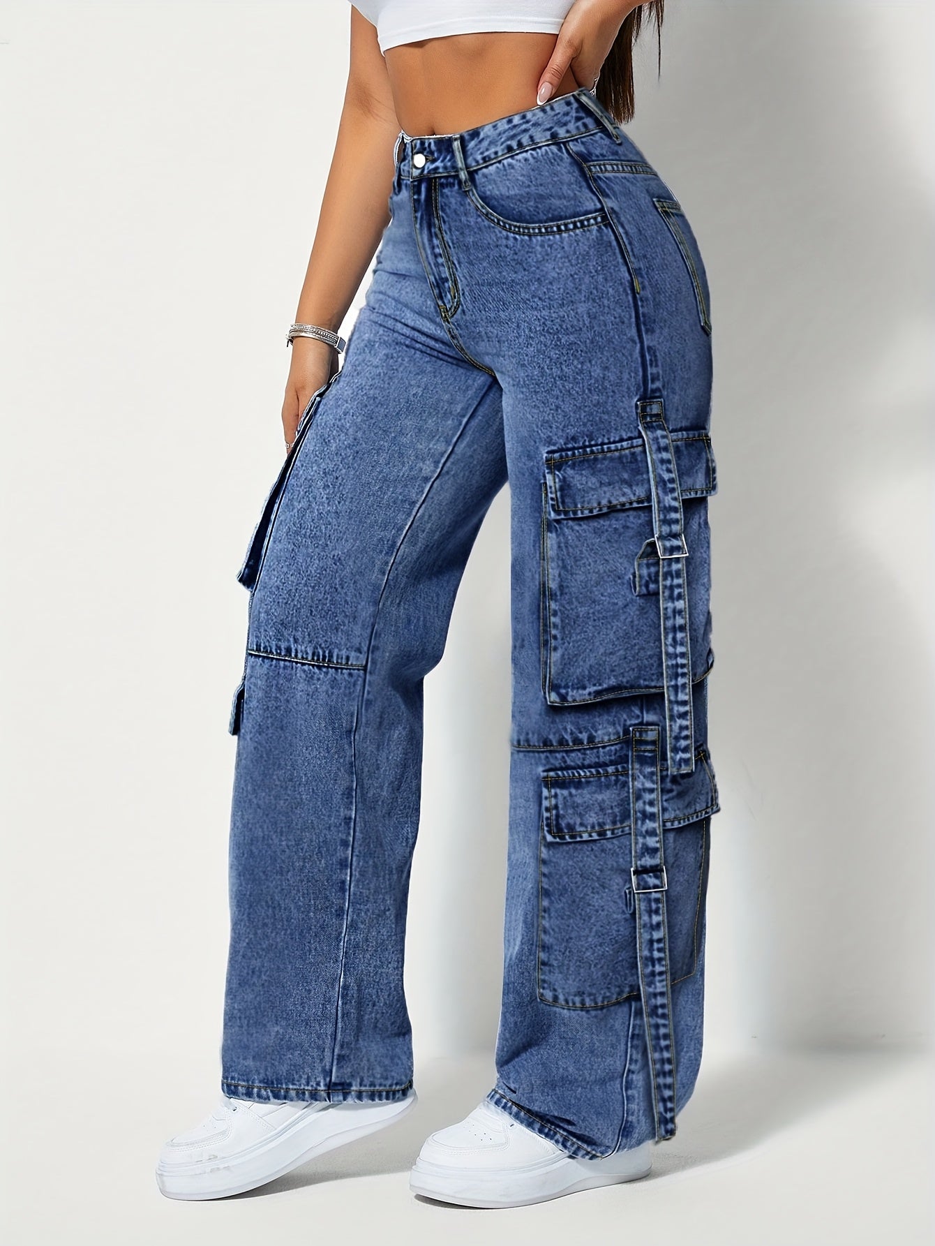 Jeans de travail extensibles taille haute pour femme grande taille – Pantalon cargo large, passants pour ceinture, poches multiples, fermeture à boutons, bleu résistant