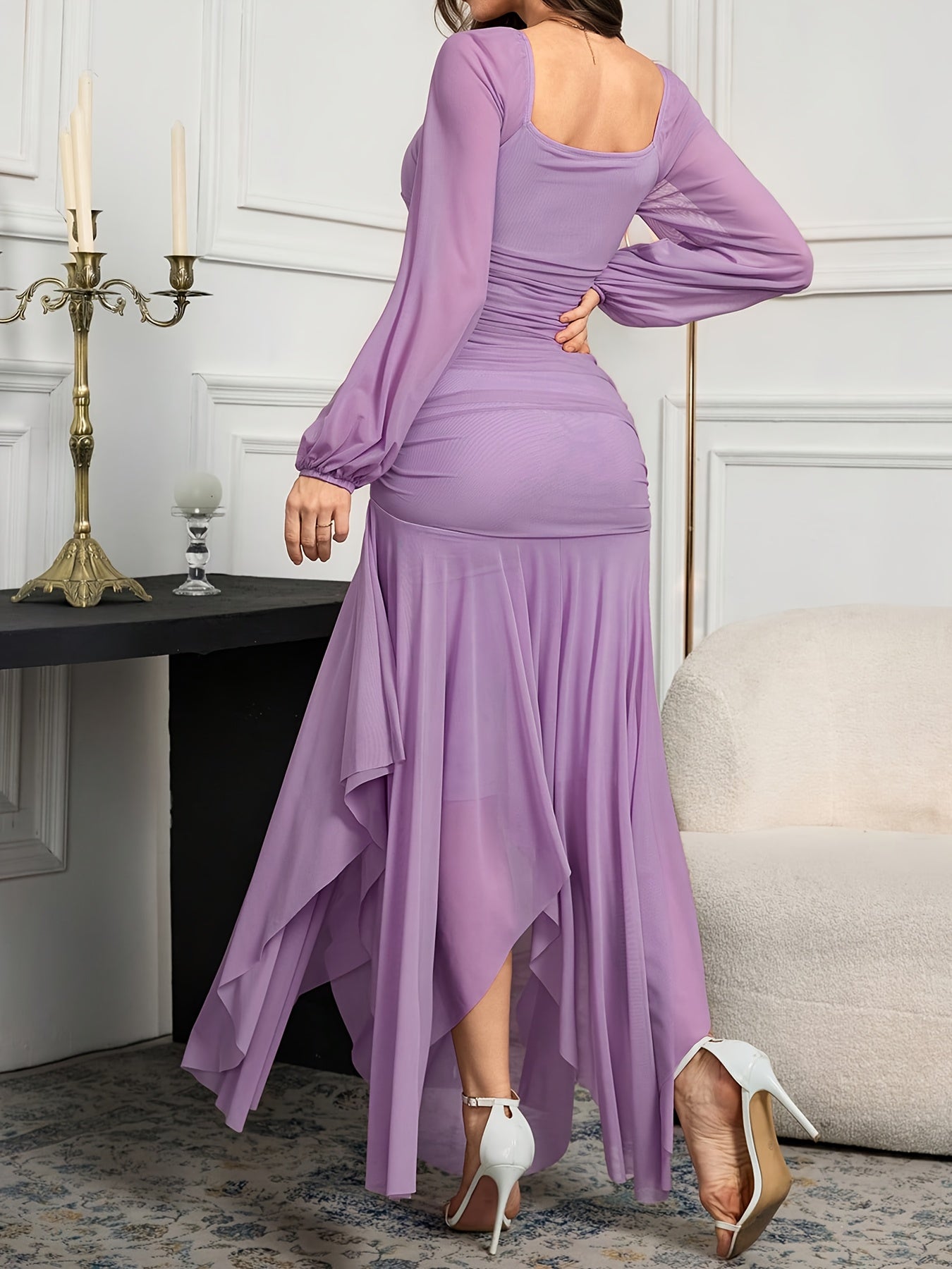 Robe Femme Élégante – Col Carré, Manches Longues, Robe Formelle pour Fêtes et Mariages, Silhouette Bodycon Flatteuse avec Ourlet Asymétrique, Robe de Soirée Violet Lavable en Machine, Idéale pour Invitées de Mariage