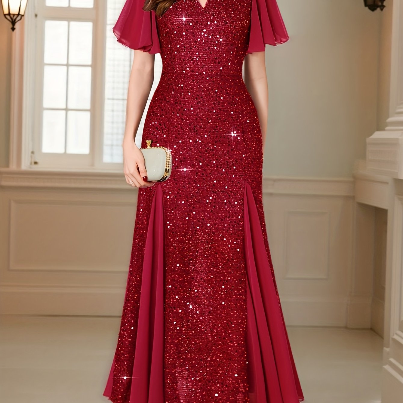 Women'S Elegant Sequin Lace Evening Maxi Dress with Sweetheart Neckline & Ruffle Sleeves - Floor-Length Formal Party Wedding Guest Dress in Navy Red/, All-Season Luxury Bridesmaid Gown for Galas & Special Occasions, Wedding D