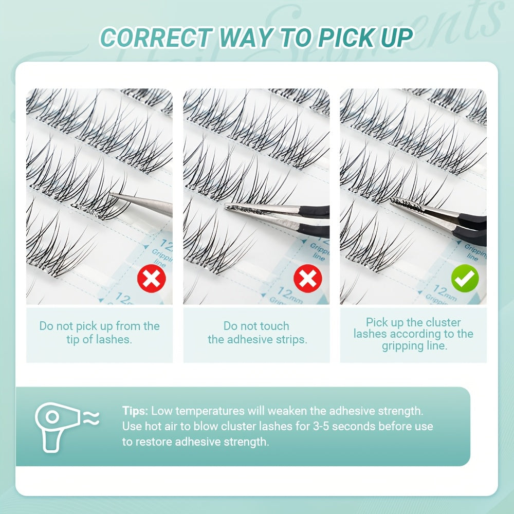 Extensions de Cils– 60 Clusters Auto-Adhésifs, Bandes Transparentes, Segments Fishtail, Style Anime Naturel et Doux, Pas de Colle Nécessaire, Cils Pré-Collés, Curl C, Look Fluffy, Idéal Débutants