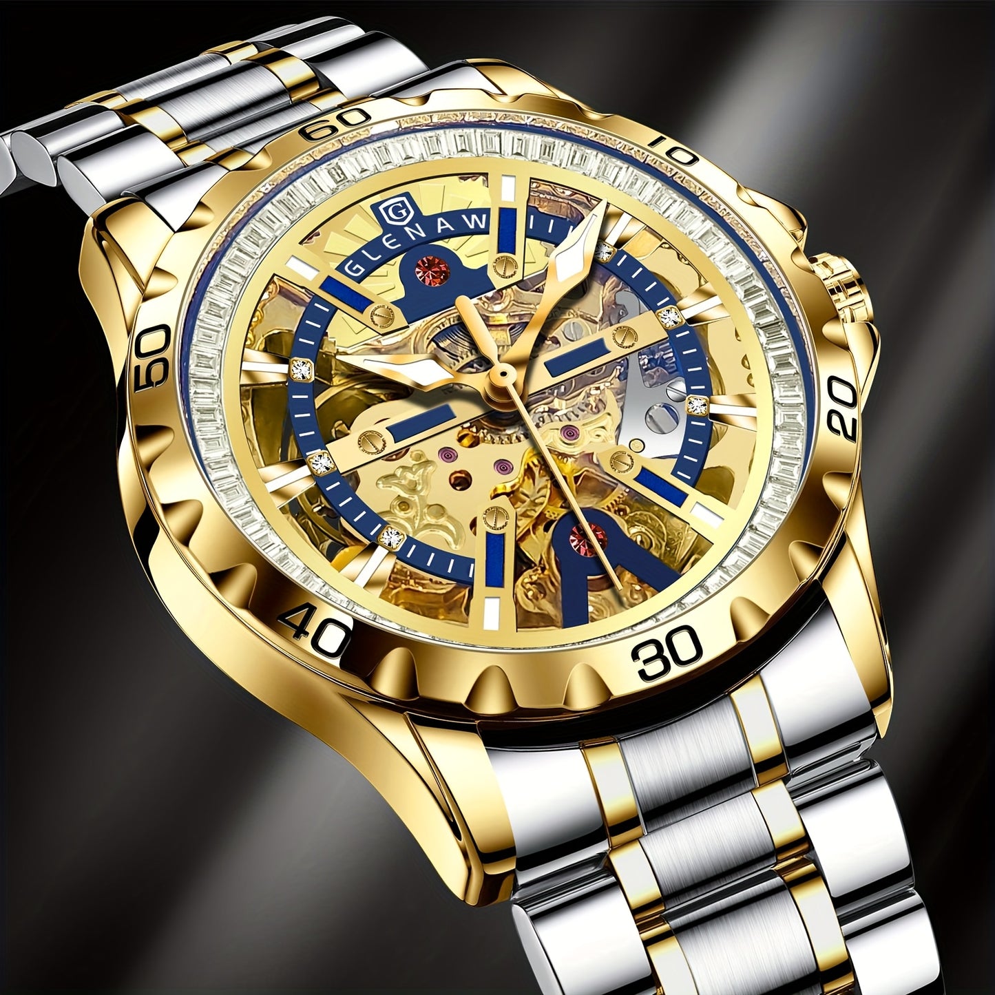 Automatic Watches for Men, Rhinestone Ring Blue Round Frame Men's Watch Stainless Steel Strap Skeleton Mechanical Watch