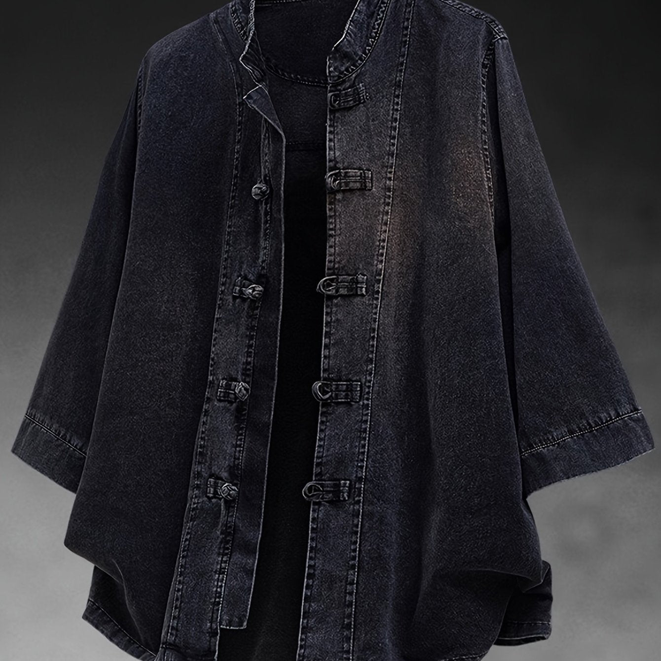 Xingmengzhi OBM Men's Denim Shirt, Loose-Fit Seven-Quarter Sleeve New Chinese Style Button-Up Top, Slim Stand Collar Denim Cardigan Lightweight Jacket