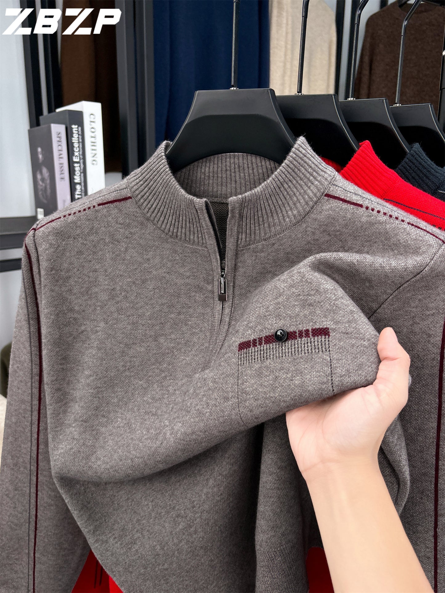 Men's Heavyweight Half-Zip Sweater - Stand Collar Zippered Winter Knit Sweater with Striped Collar & Back Logo, Dark Blue Casual Warm Pullover for Fall/Winter, Versatile Layering for Office & Casual Attire