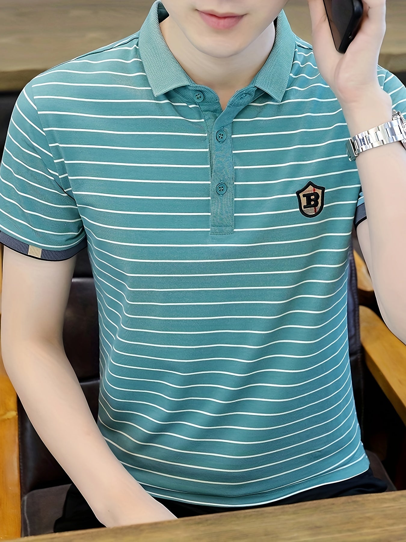 Men's Slim-Fit Black & White Striped Shirt with Golden Accent Collar & Chest Embellishment - Short Sleeve, Machine Washable, Tailored Casual & Semi-Formal Wear, Durable & Comfortable for Everyday Special Occasions, Versatile