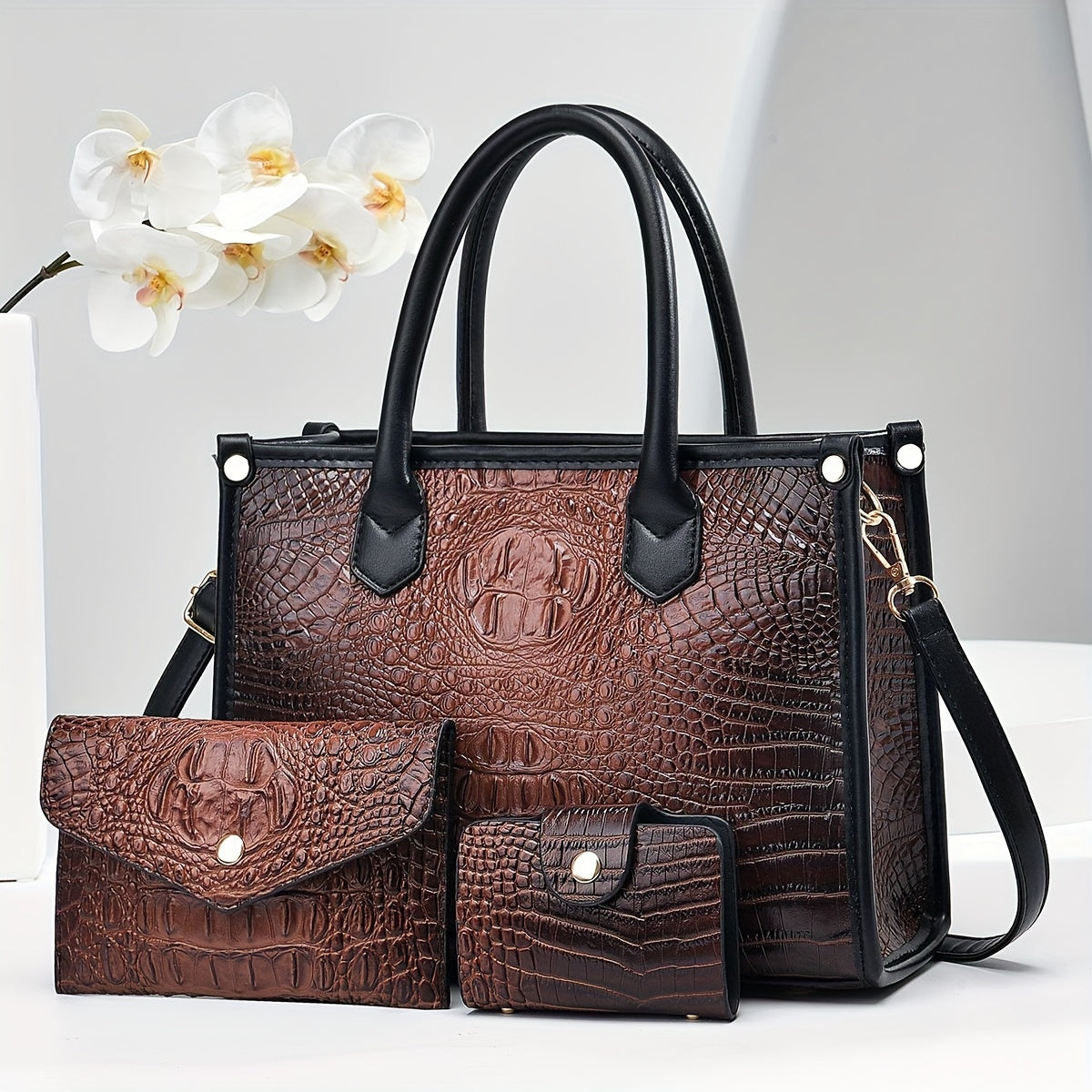 Sac crocodile luxe léger grand format tendance trois pièces mère élégante