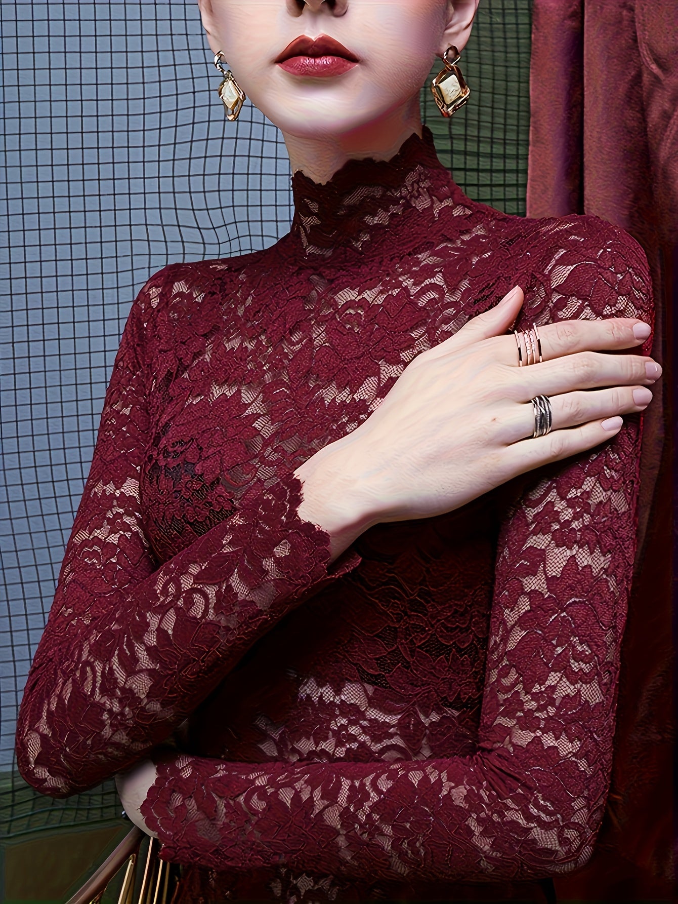 Blouse grande taille élégante pour femmes bordeaux effet dentelle manches longues col rond col montant semi-transparente superposée pour robes et blouses lavable en machine printemps automne hiver