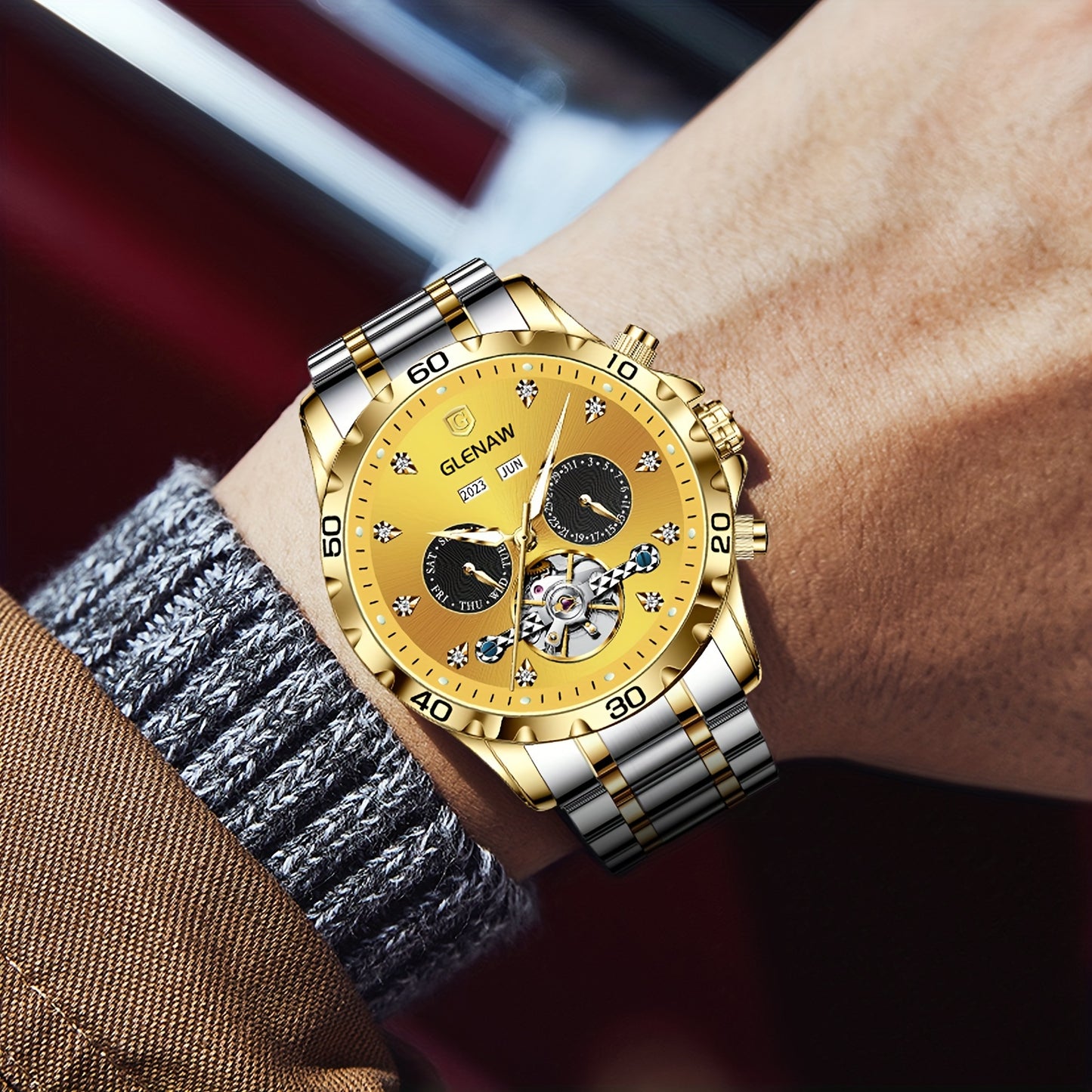 Montre automatique pour homme, bracelet en acier inoxydable avec strass, montre mécanique squelette à remontage automatique avec affichage du jour, de la date, du mois et de l’année – Cadeau idéal pour homme