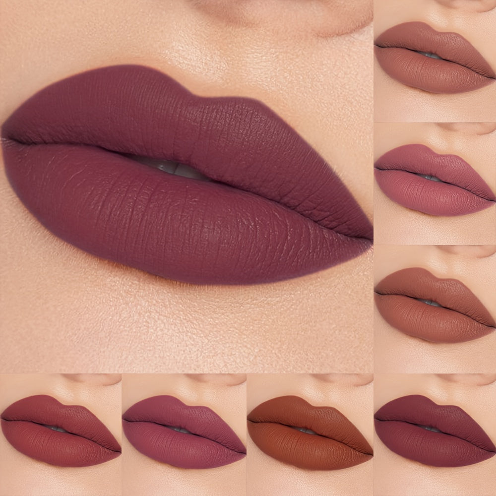 6pcs/set Pudaier Matte Velvet Lip Gloss - Highly Saturated Liquid Lip Mud, Non-Stick Long-Lasting Formula, 6-Shade Mixed Palette with Deep Berry Tones, All Light Beige Tones Compatible.