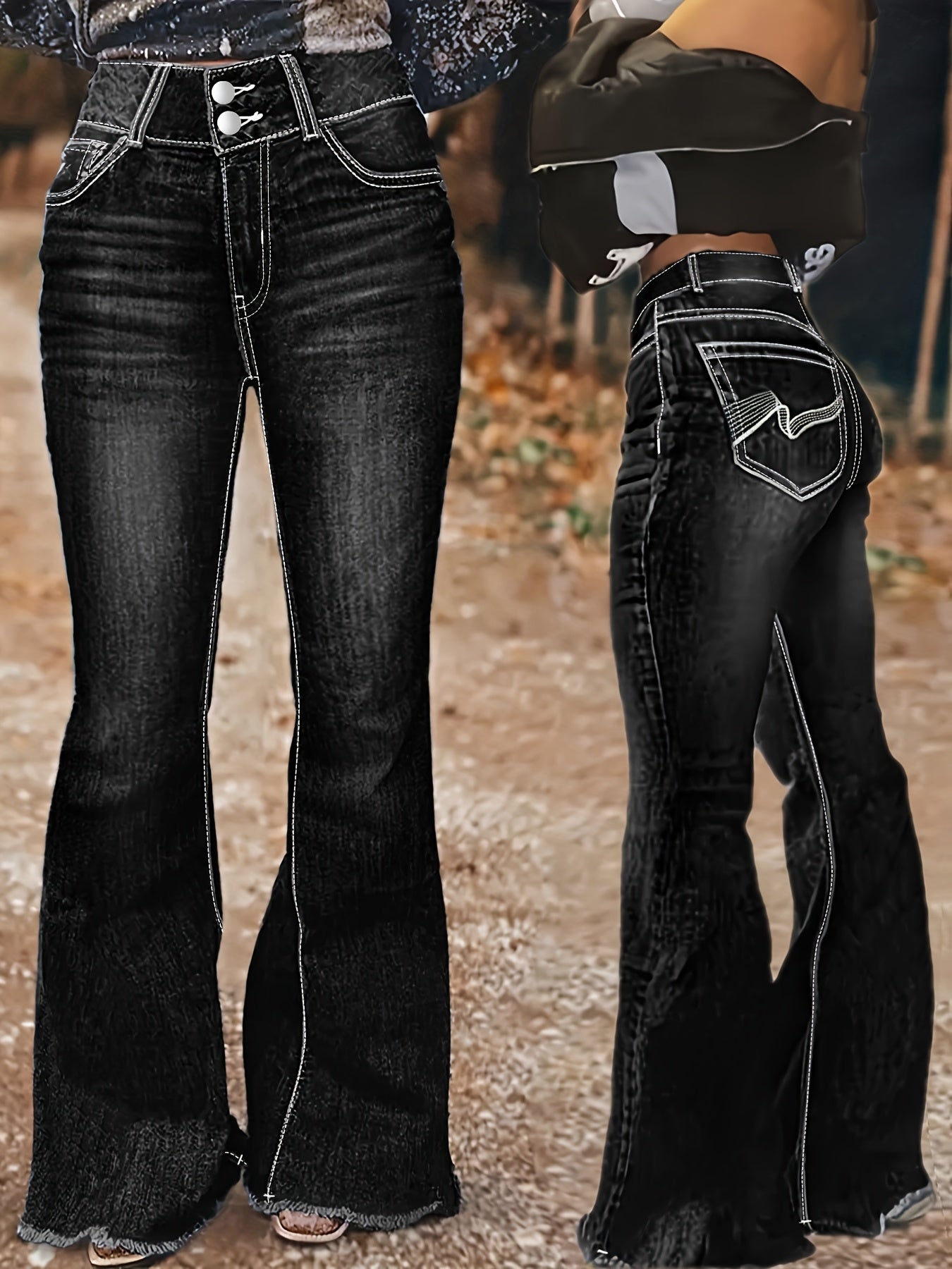 Jeans Femme Vintage Évasé Ourlet Brut Extensible Taille Haute Zippé Slim Noir Toute Saison Décontracté et Stylé