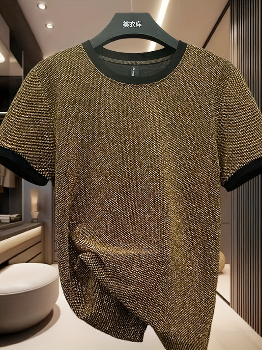 Men'S Stylish Black Short Sleeve T-Shirt with Golden Accents - Casual Round Neck Summer Top, Metallic Finish, Lightweight Fabric, Perfect for Casual Attire, Versatile Clothing | Round Neckline Shirt | Metallic Finish Shirt