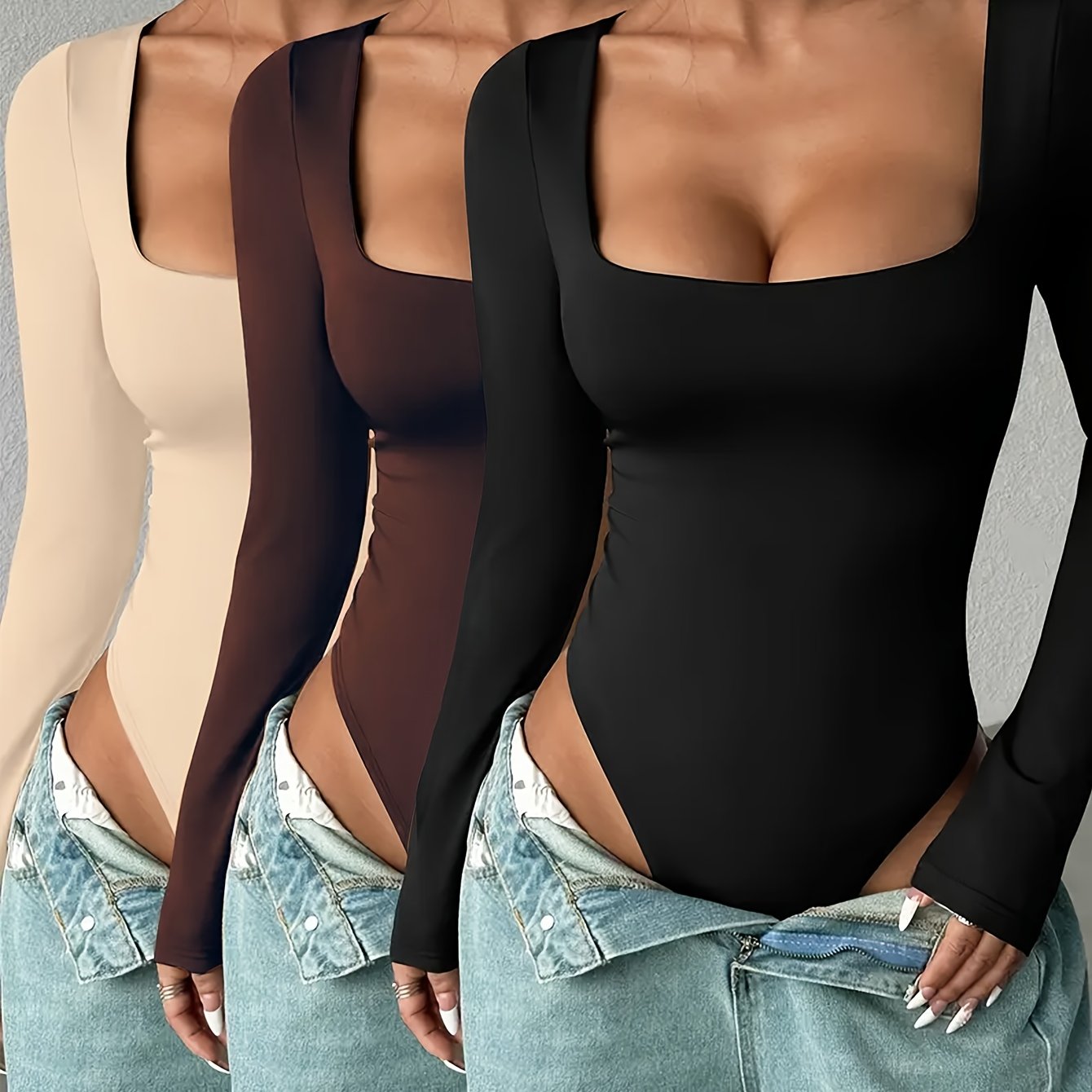 Lot de 3 bodys femme sexy à coupe ajustée, col carré, manches longues, couleur unie (beige, marron, noir), style sweat zippé, lavable en machine, parfait pour superposer avec un jean ou pour un look professionnel