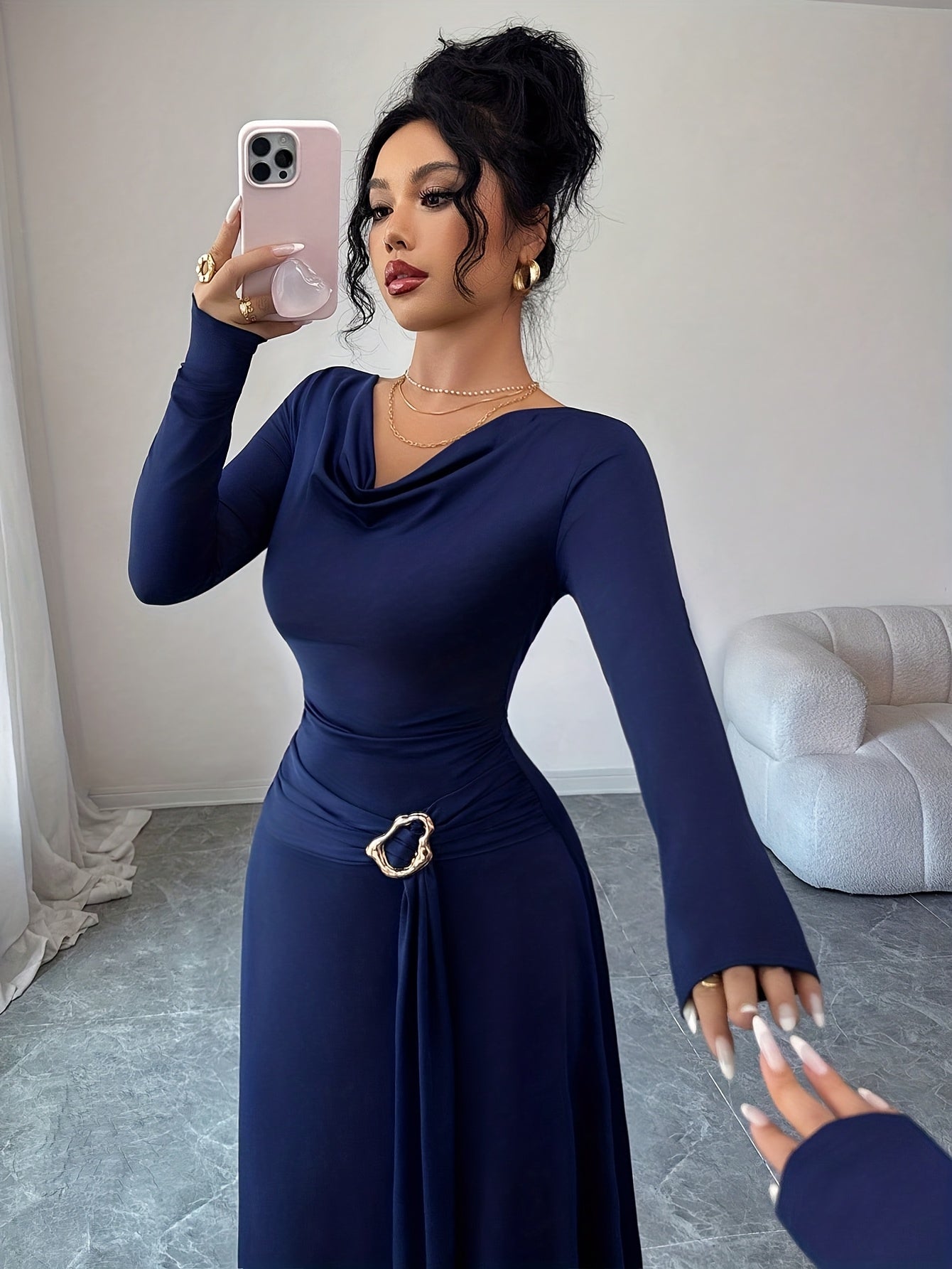 Women's Elegant Pile Neck Belted Wrinkle Dress - High-Elasticity Long Sleeve A-Line Maxi, Belted Waist Spring/Autumn Wedding Guest Party Attire, Machine Washable Solid Color Dress