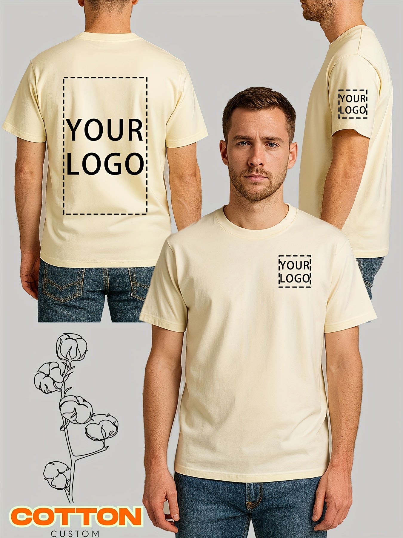 Men's 100% Cotton Custom 3-Section T-Shirt - Personalized Chest, Sleeve & Back Printing with Your Logo/Text/Photo - DIY Short Sleeve Round Neck Casual Summer Shirt for Branding, Events & Casual Attire
