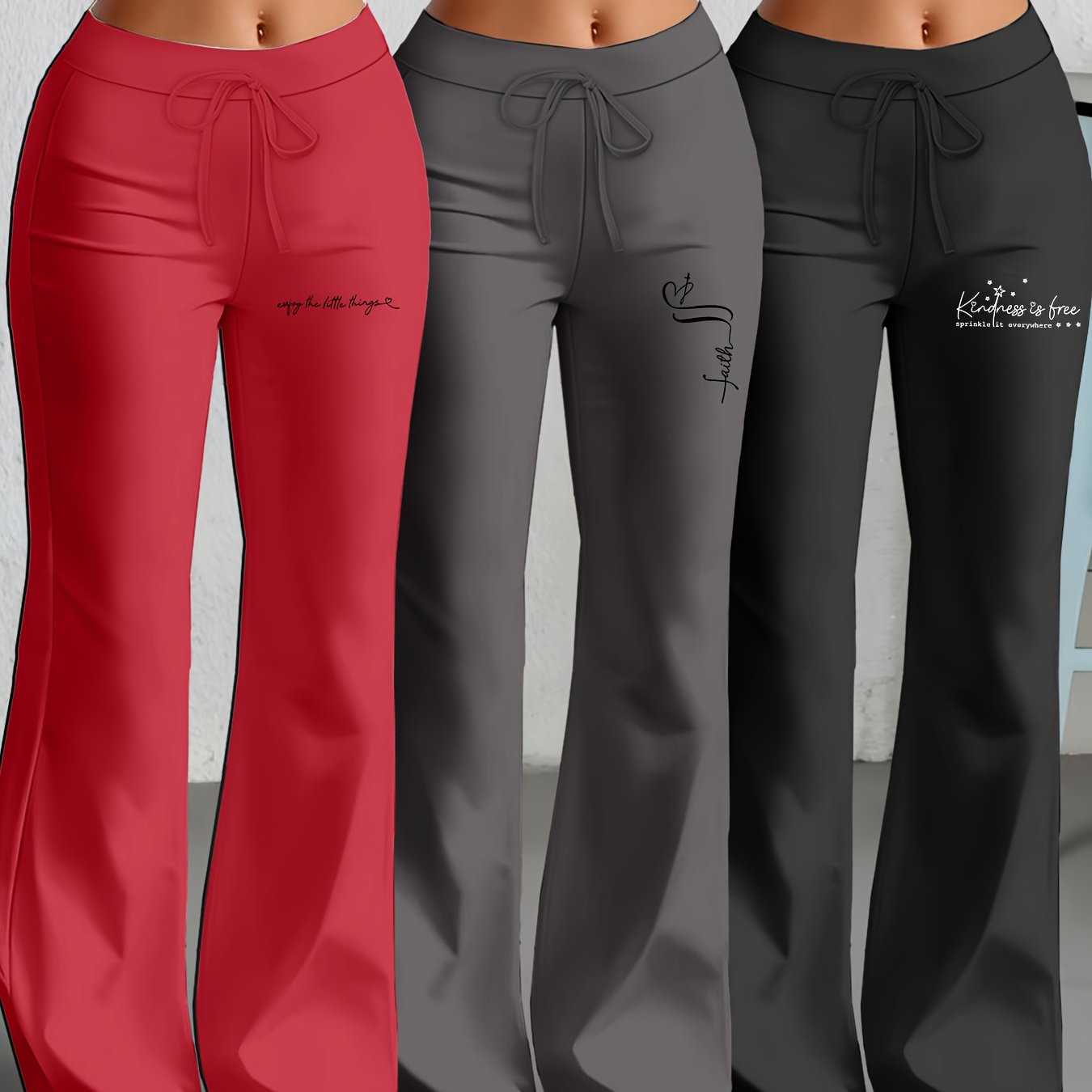Lot de 3 Pantalons Femme Européens et Américains – Jambe Droite Évasée avec Texte Anglais Classique