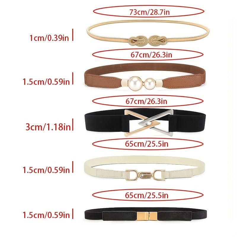 Lot de 5 ceintures élastiques vintage avec boucles assorties (printemps, chaîne, en U) – Ceinture étroite extensible pour robes, jupes et jeans, pour mariages, fêtes et usage quotidien, accessoire polyvalent pour toutes occasions