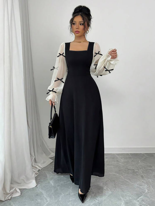 Chic Women'S A-Line Dress with Square Neck, Featuring Chiffon Bell Sleeves And Bow Accents, Perfect for Winter Celebrations, Christmas Parties, New Year Festivities, And Thanksgiving Gatherings.