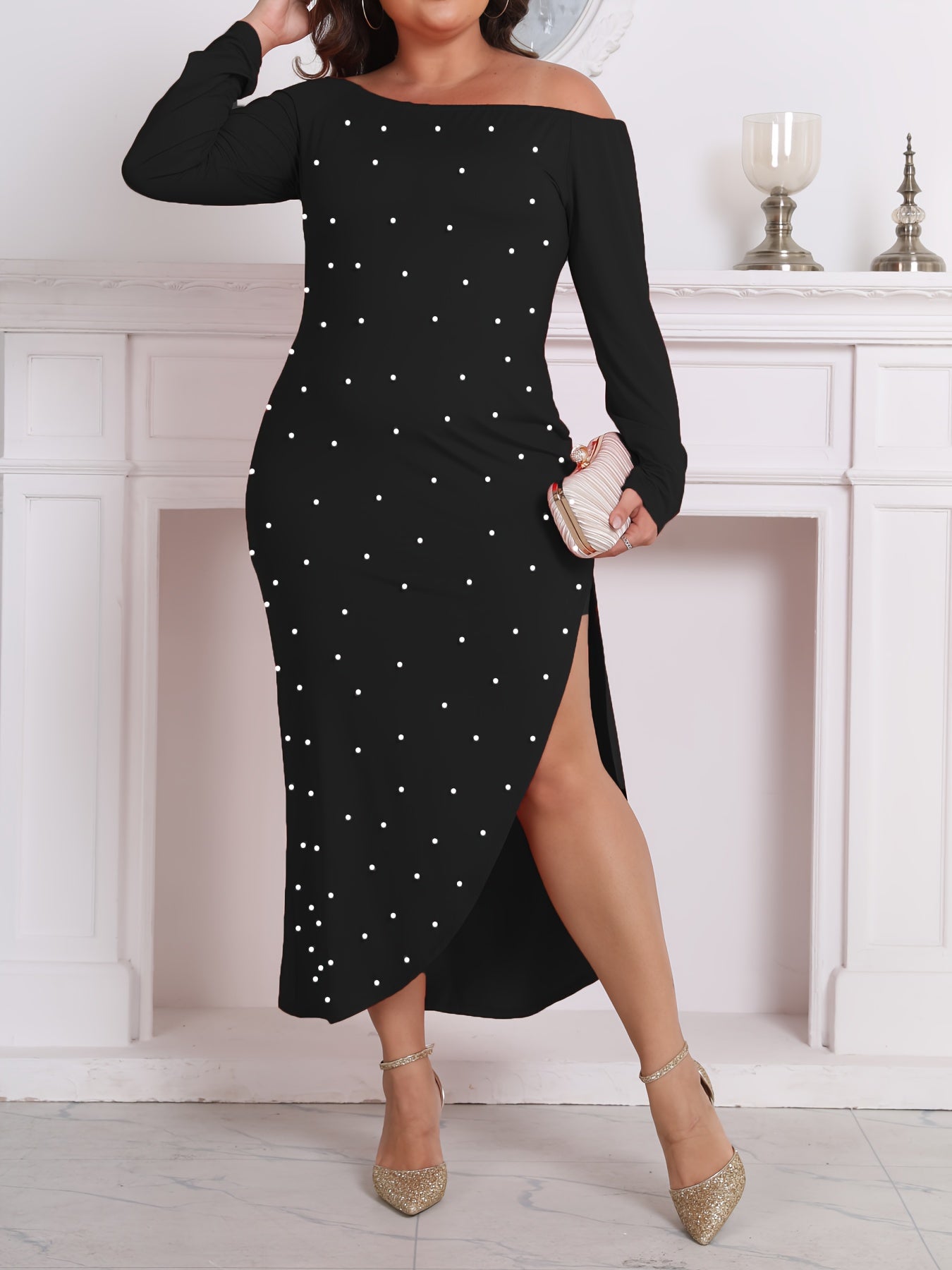 Robe Grande Taille Femme – Élégante, Décoration Perles, Décolleté Une Épaule, Fente sur le Côté