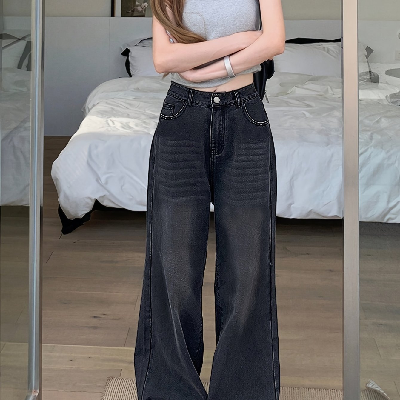 Jeans Femme Taille Haute Jambe Large Non Transparent Lavable Toute Saison Décontracté et Formel Polyvalent Durable