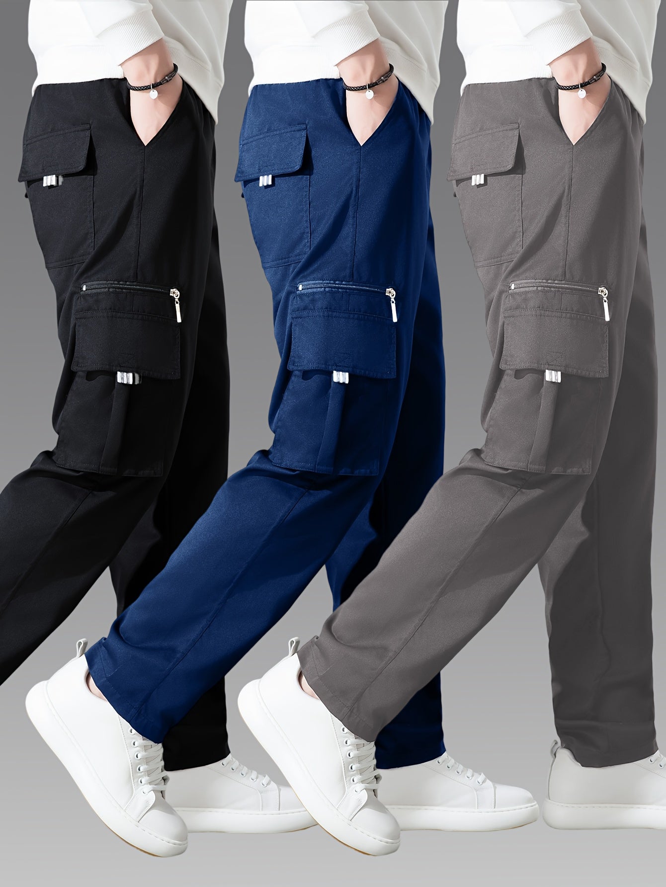 3pcs Pantalons Cargo Homme – Casual, Multipoches, Jambe Droite, Polyester, Regular Fit