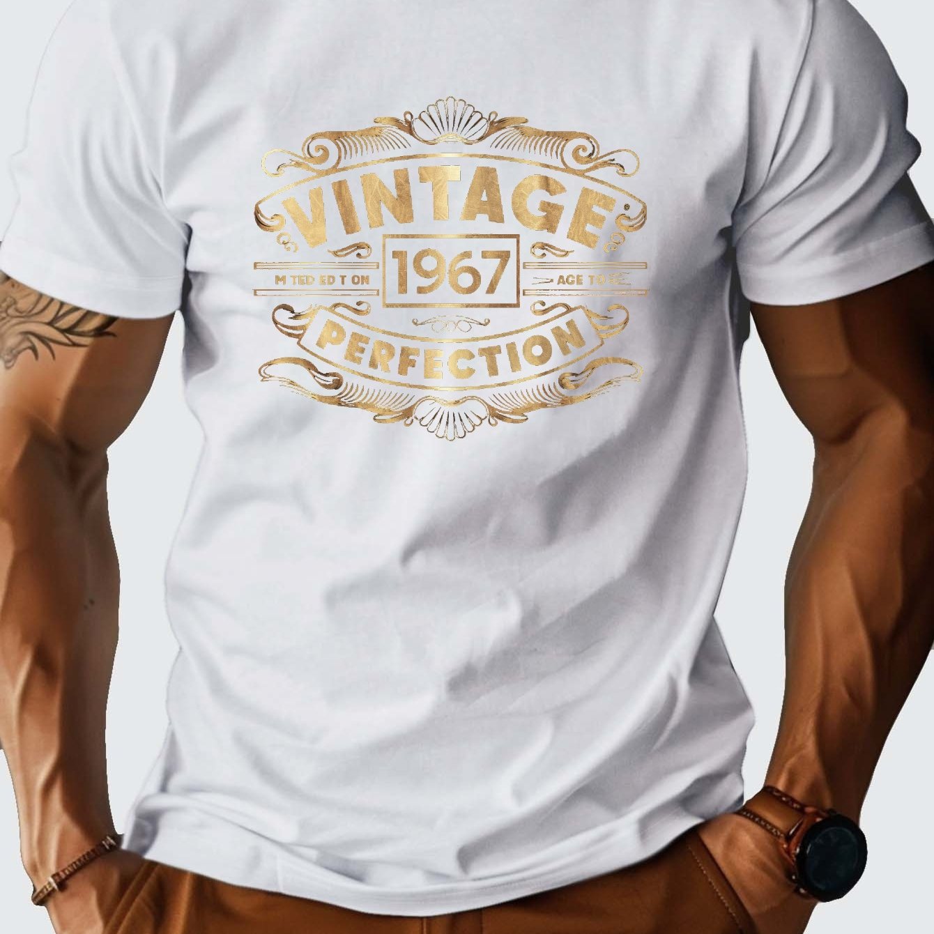 Men'S Vintage 1967 Graphic T-Shirt - Heavyweight 210gsm Crew Neck Tee with Bold "Vintage 49.96meter Print, Casual Short Sleeve, Brown, Perfect for Casual Attire, Vintage T Shirts
