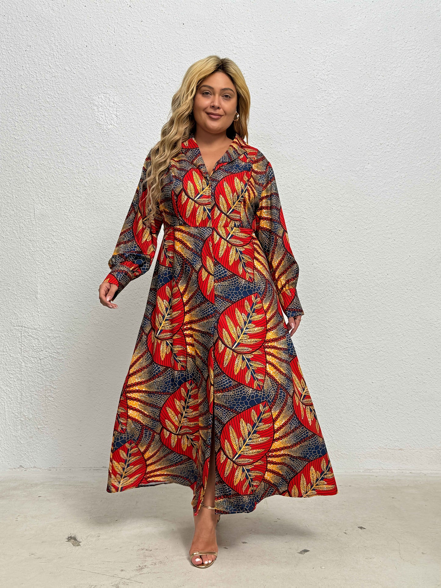 Robe Maxi Élégante Femme à Motif Floral – Couleurs Vives Rouge, Bleu et Jaune, Motif Feuilles, Manches Longues, Fente Frontale, Tissu Léger, Parfaite pour le Printemps et l’Automne, Tenue Décontractée à Semi-Formelle, Robe à Imprimé Vibrant