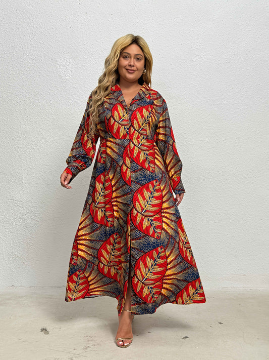 Robe Maxi Élégante Femme à Motif Floral – Couleurs Vives Rouge, Bleu et Jaune, Motif Feuilles, Manches Longues, Fente Frontale, Tissu Léger, Parfaite pour le Printemps et l’Automne, Tenue Décontractée à Semi-Formelle, Robe à Imprimé Vibrant