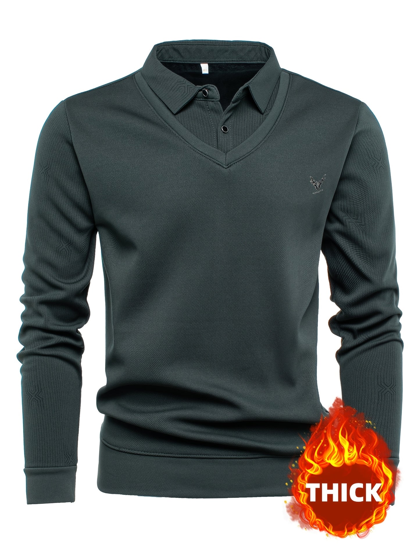 New Autumn And Winter Men'S Long-Sleeve Thickened Fleece Top with a Faux Two-Piece Design, Featuring a Deer Head Label, Stylish Pinstripe Pattern, Warm And Soft for Cold Weather, Perfect for Outdoor Activities, And a Great Gi