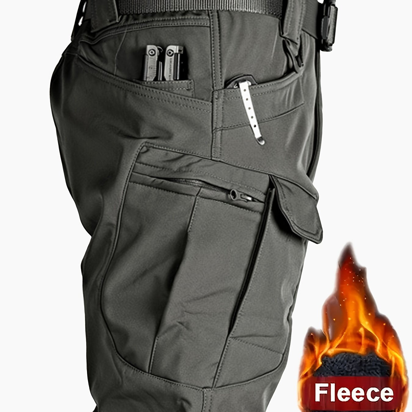Pantalon cargo tactique d’hiver pour homme – doublure polaire épaisse, coupe coupe-vent, multi-poches, tissu extensible, couleur unie, idéal pour activités outdoor par temps froid