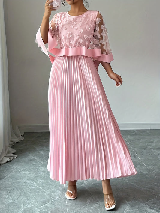 Women's Elegant 3D Floral Appliqué Dress with Round Neck & Short Sleeves - Machine-Washable Party Wedding Guest Dress for Autumn/Winter, Solid Color Non-Stretch Formal Occasion Gown