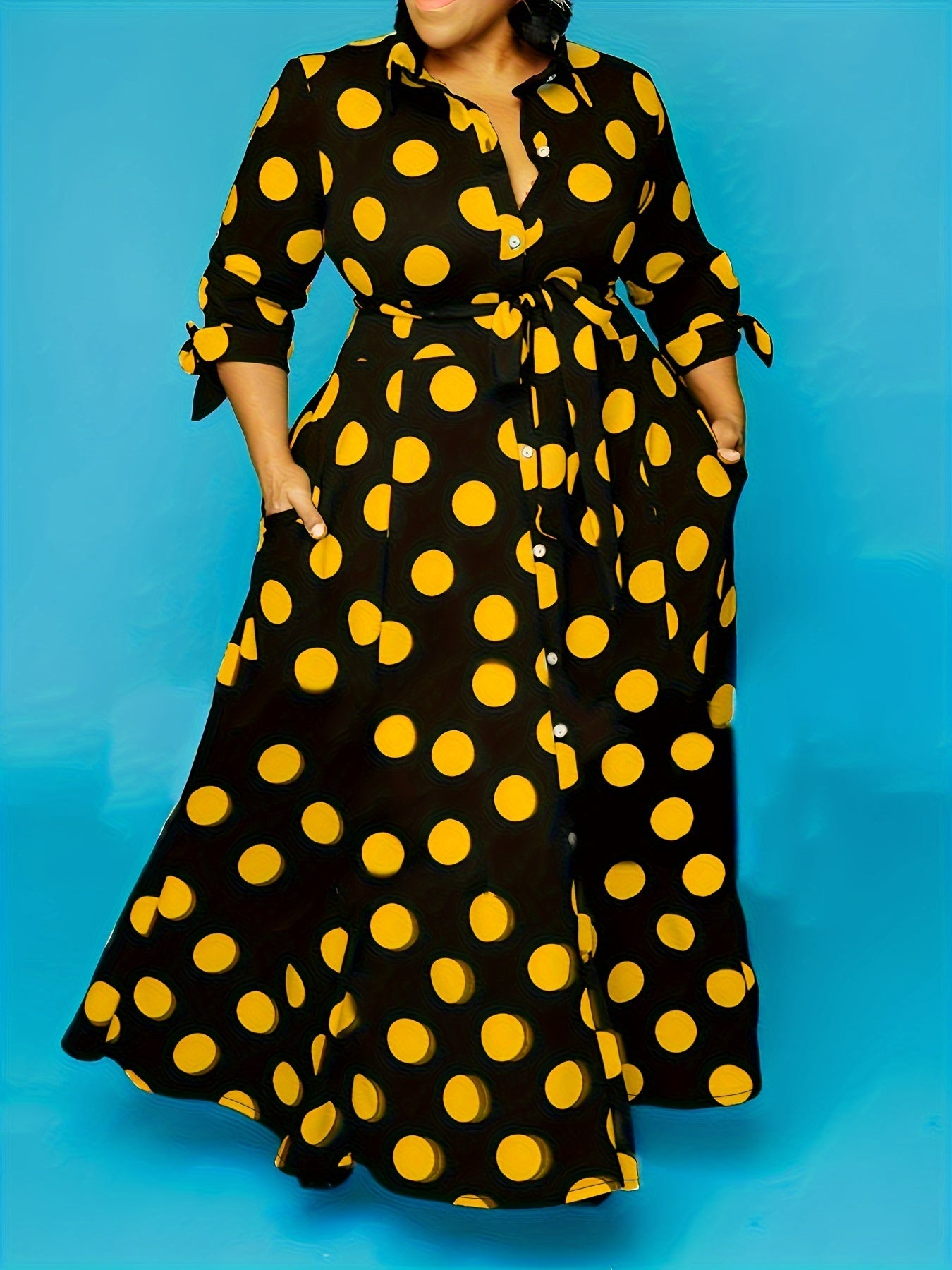 Robe Élégante Grande Taille – Femme, Maxi Robe à Pois, Boutonnée, Col avec Ceinture
