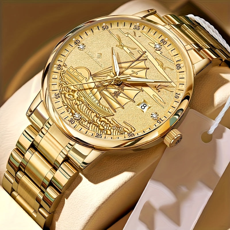 Battery-Free Men's Automatic Mechanical Watch, Smooth Sailing Series, All-Golden Noble Men's Wristwatch, Suitable as a Gift for Family, Partner, and Friends, Formal Accessory, Stylish Timepiece, Classic Watch, Elegant Timepie