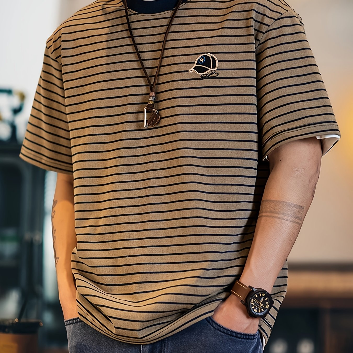 Men&Apos;S Casual Streetwear T-Shirt - Brown & White Striped, Crew Neck, Short Sleeve, Embroidered Logo, Loose Fit, Blend, Casual Summer Top|Striped Tee|Embroidered Detail