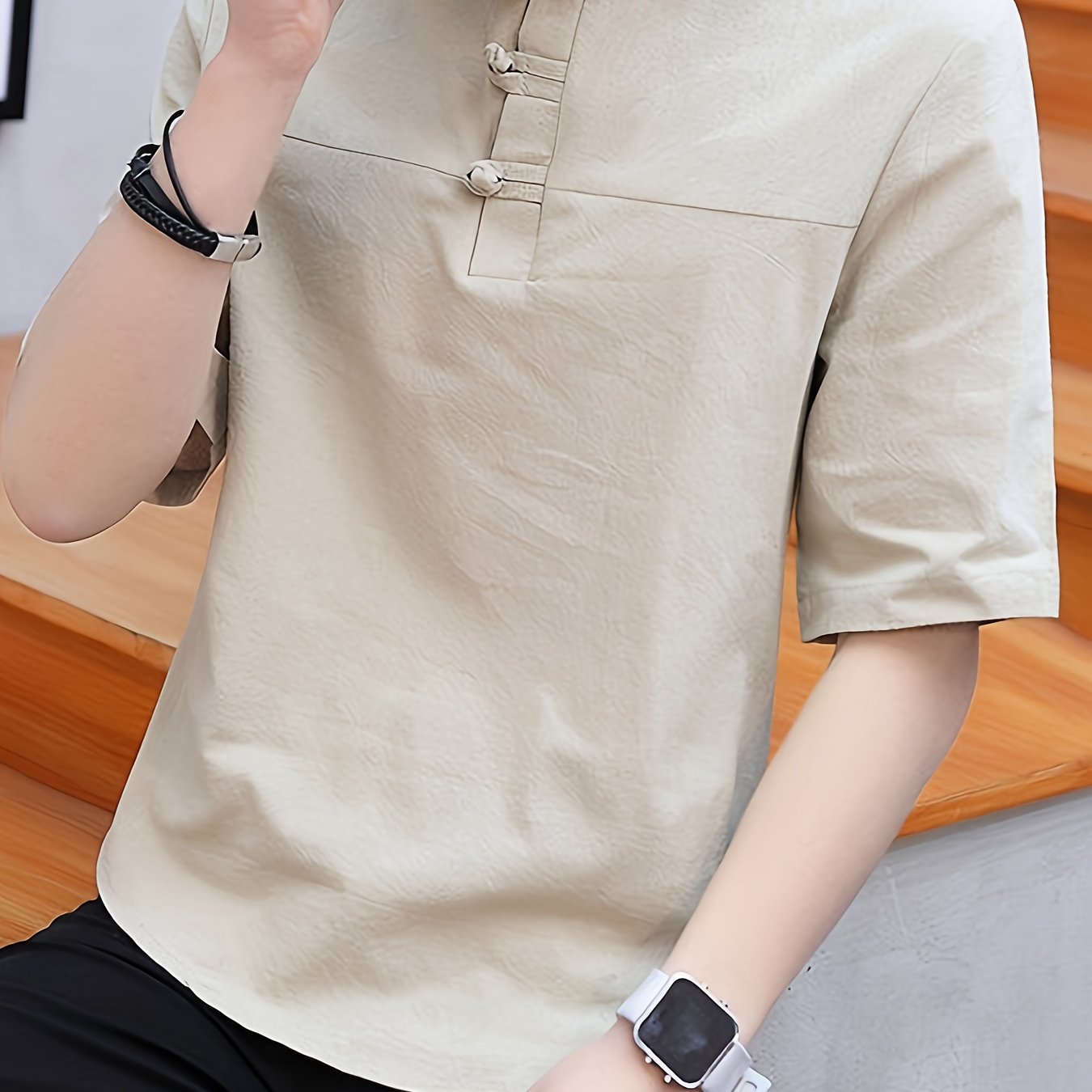 Men's Pure Cotton Chinese Style Stand Collar Top Summer Short Sleeve T-Shirt High End New Traditional