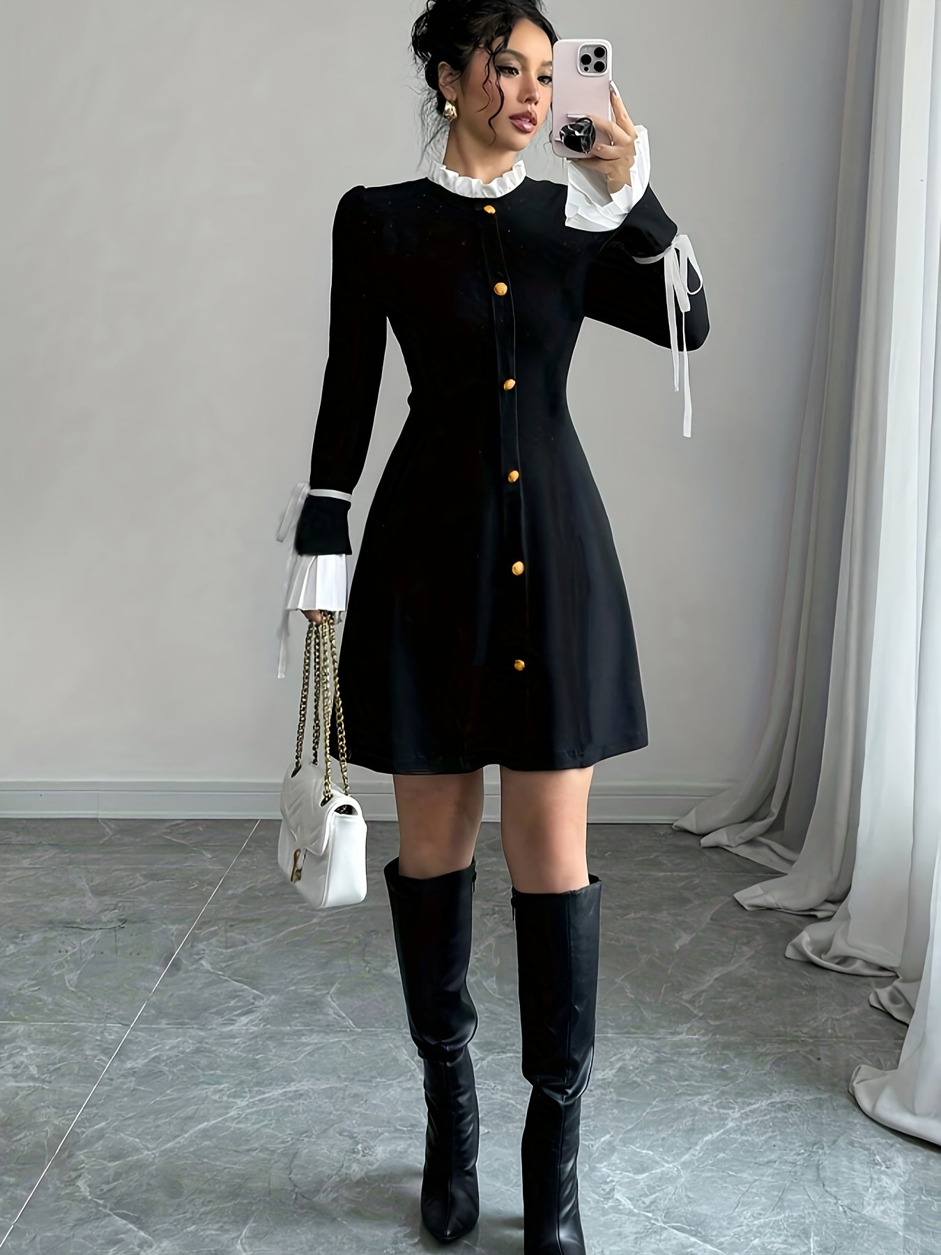 Robe chic patchwork femme – Col et poignets avec nœud, noir & blanc, soirée et formelle, tissu haut de gamme