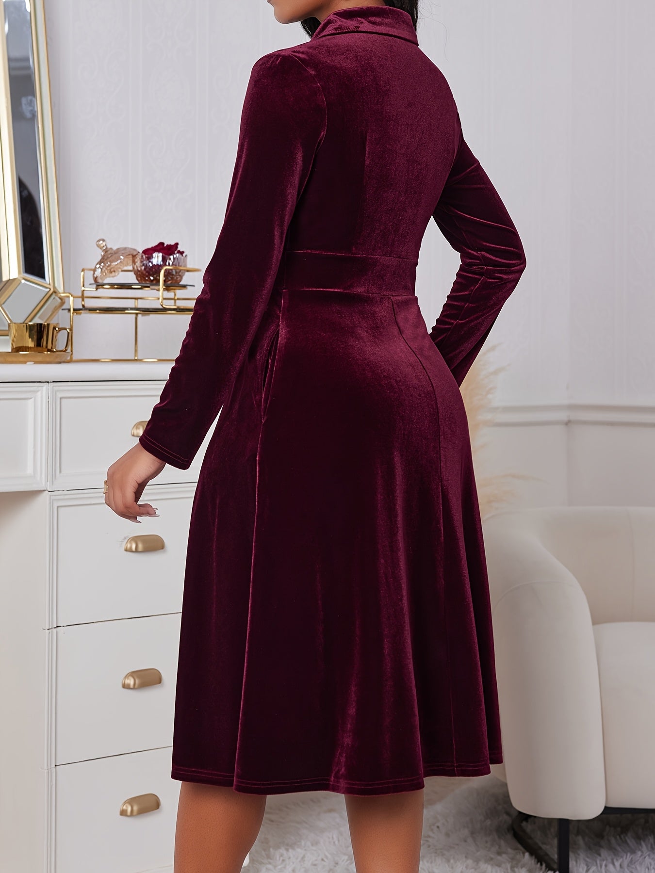Ensemble Robe Femme Élégant Velours Bourgogne – Coupe Slim A-Line, Col et Boutonnage à l’Avant, Manches Longues, Pantalon Mi-Long, Idéal pour Mariages, Affaires et Événements Formels, Lavable en Machine (Pas de Nettoyage à Sec)