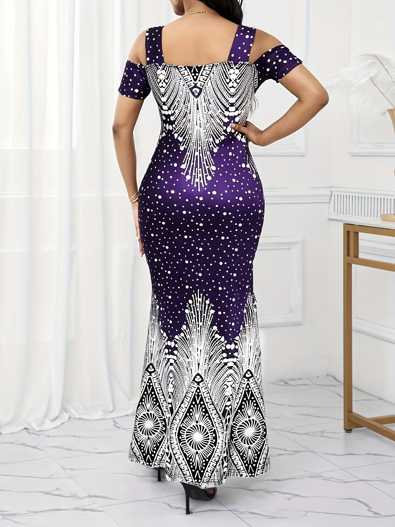 Women's Elegant Paisley Print Square Neck Off-Shoulder Evening Dress - Short Sleeve Bodycon Mermaid with Side Slit & Waist Accent, Machine Washable Summer Formal Party Wear, Evening Event Attire, Stretchy Fabric Gown, Comfort
